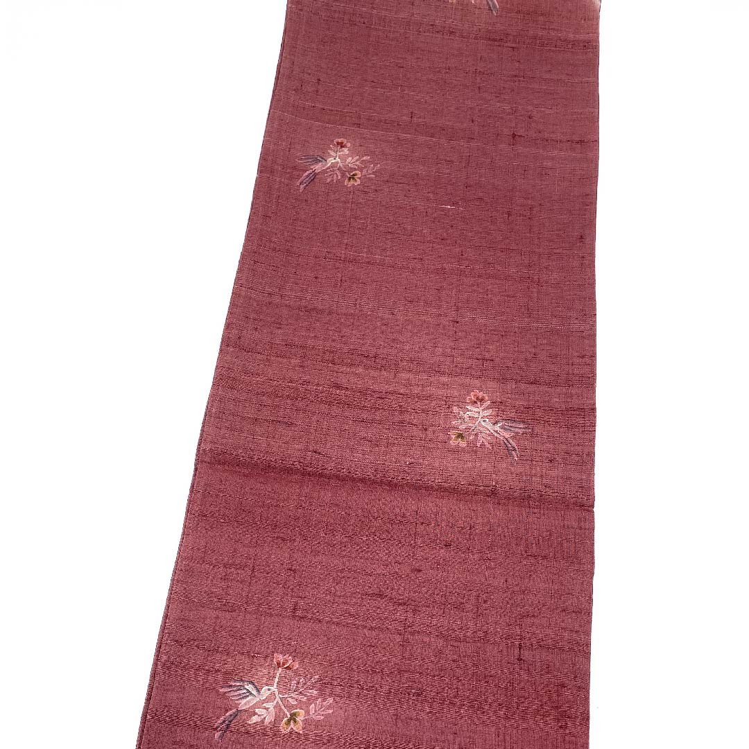 袋帯 蘇芳色(すおういろ) 紬地 唐花模様 小鳥模様 帯丈439cm 正絹 Sランク ポイント柄 カジュアル 紫系 1123009422320
