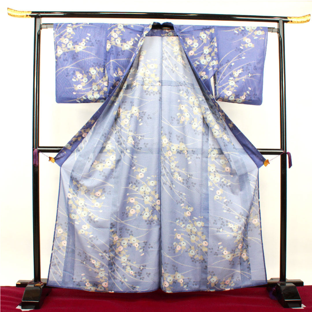夏物 ポリエステル 小紋 身丈164cm 裄丈64cm 紺藤色(こんふじいろ) 菊 萩 洗える着物 絽 Sランク 青系 1132001742417