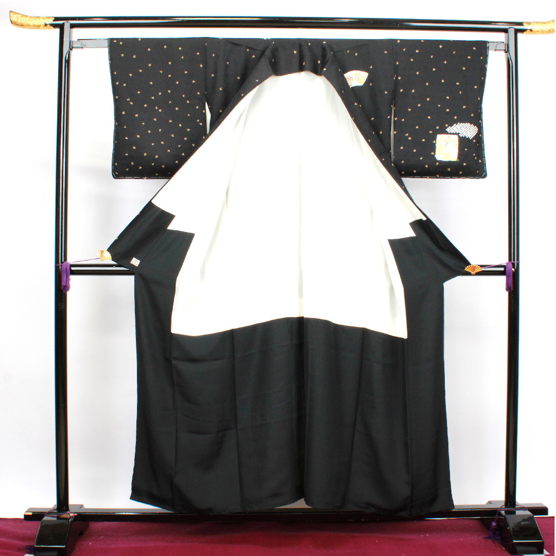 Homongi, lined, length 155cm, sleeve length 61.5cm, with basting thread, unused, Kyo-Yuzen, auspicious pattern, pure silk, S rank, black, 1112002662310