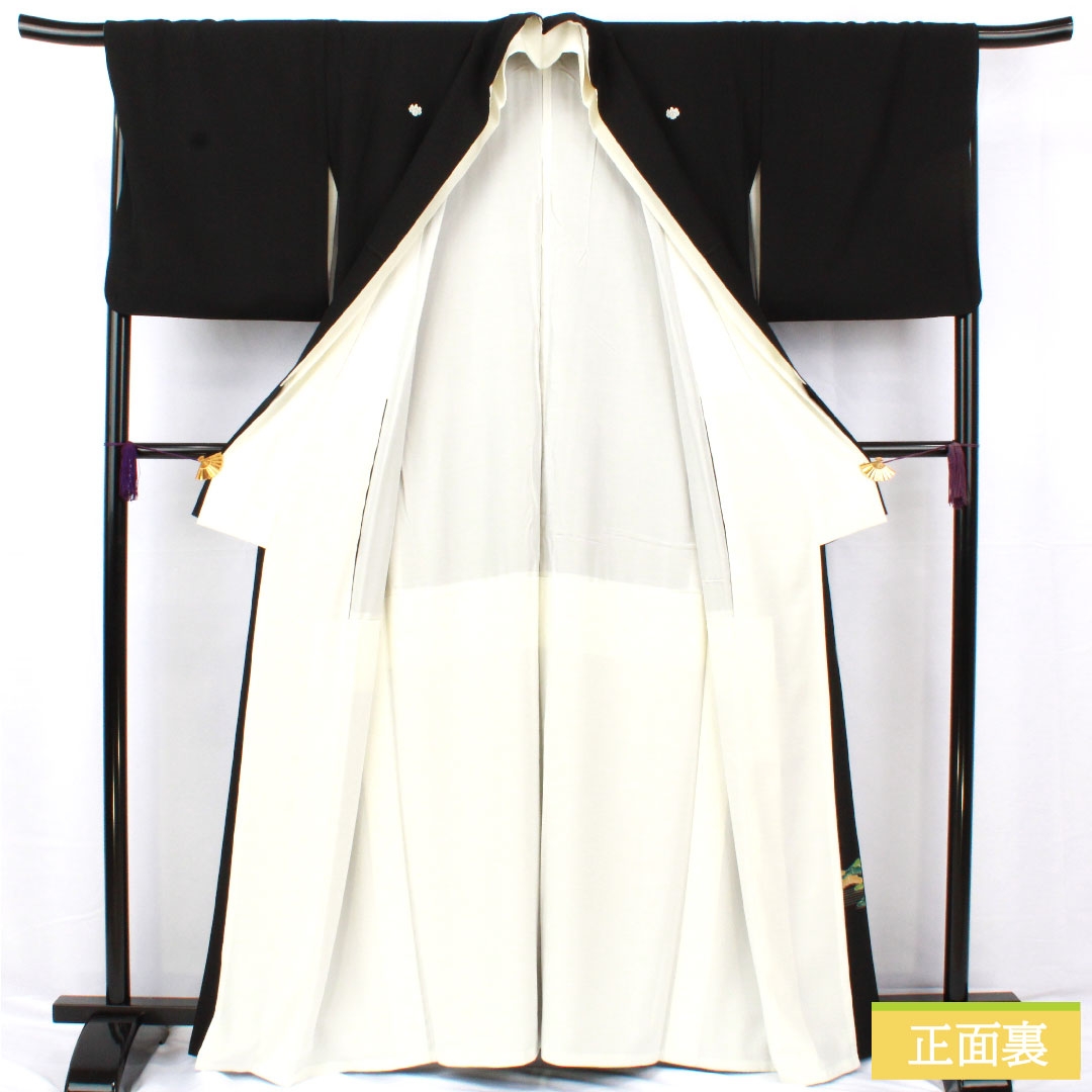 黒留袖 正絹 身丈162cm 裄丈68cm 袷 京友禅 割付文様 鳳凰 五つ紋 五三桐 Aランク 黒系 1111001733410