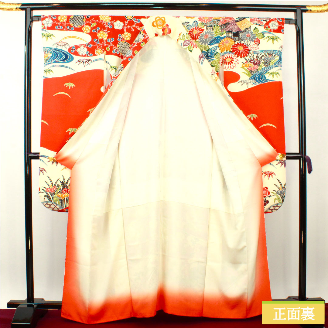 振袖 正絹 身丈163cm 裄丈65.5cm 袷 緋色 京紅型 吉祥文様 Sランク 朱系 1113001922416