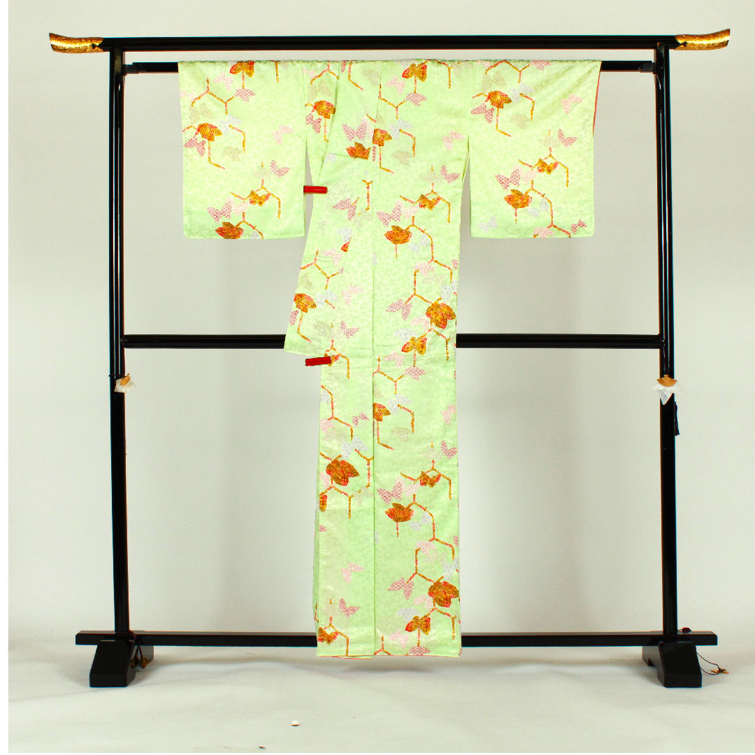 Small pattern, Length 161cm, Sleeve length 66cm, Awase, Butterfly and tortoiseshell pattern, Washable kimono, Polyester, B rank, Green, 1115001014319