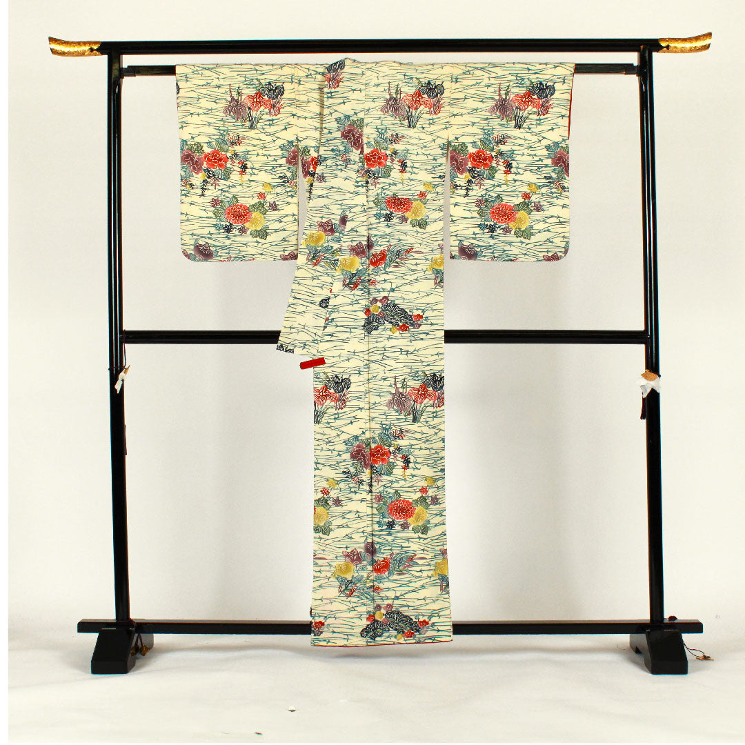 小紋 身丈160cm 裄丈65cm 袷 型染 松葉 花模様 正絹 Bランク クリーム系 1115001194315