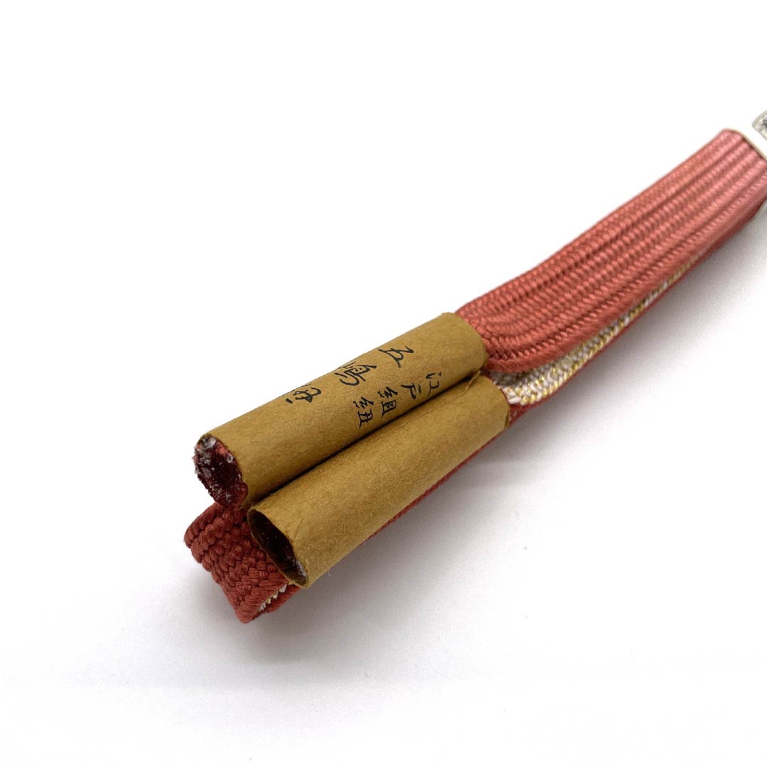 (新古品) 帯締め 正絹 四分紐 紅唐色(べにとういろ) 五嶋紐 江戸組紐 金属糸使用 長さ約162cm 幅約1.7cm セミフォーマル Sランク 朱系 1135002412316