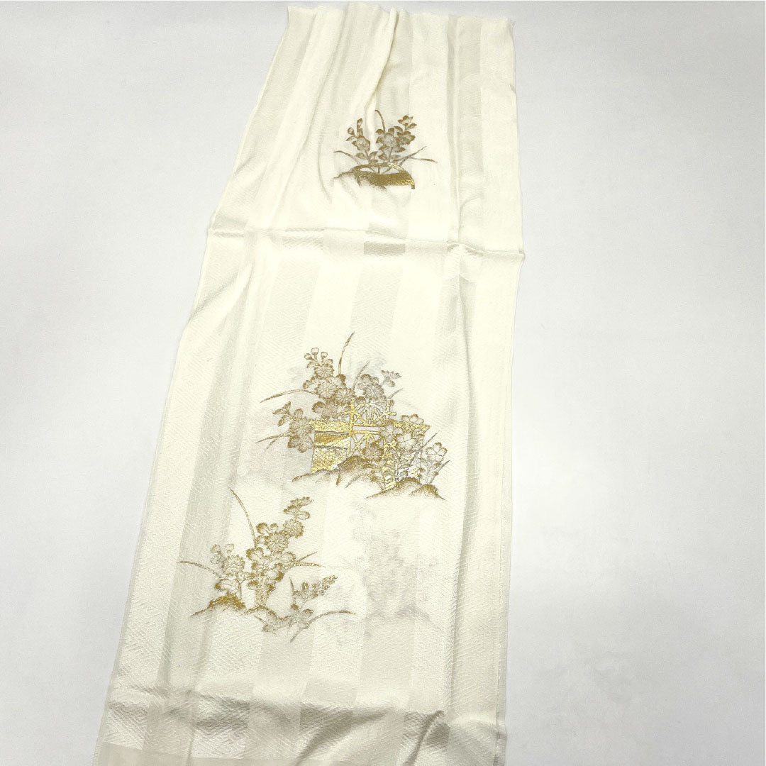 (New Old Stock) Obijime and Obiage Set, Pure Silk, NEW Rank, Gofun-iro (off-white), For Tomesode, Gold Leaf Processing, Sayagata Pattern, Length approx. 160cm, Width approx. 1.7cm, Formal, White-toned, 1141000421311