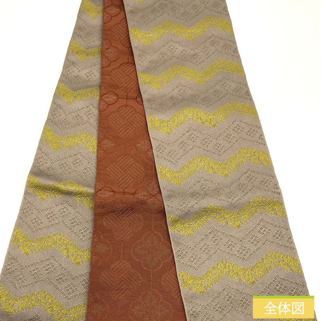 (New) Half-width obi, polyester, NEW rank, dark olive gray, brownish red, zigzag pattern, abstract floral pattern, reversible, obi length 400cm, brown color scheme 1125002571414