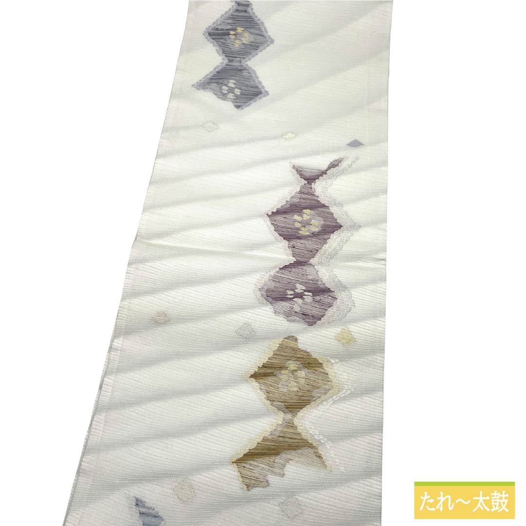 袋帯 ポリエステル Aランク 卯の花色(うのはないろ) 夏帯 幾何学模様 古典柄 帯丈441cm 六通 セミフォーマル 白系 1123017463311