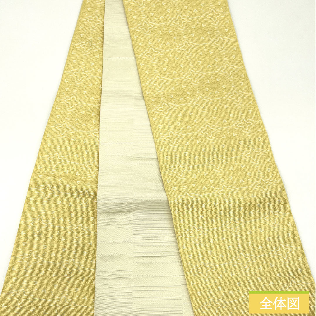 (New) Half-width obi, polyester, NEW rank, light eggshell color, unohana color, abstract floral pattern, geometric pattern, fancy lattice, reversible, obi length 400cm, yellow系 1125002411423