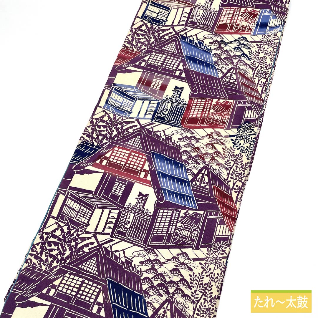 名古屋帯 生成り色(きなりいろ) 型染 風景模様 帯丈353cm 正絹 Aランク 全通 カジュアル ベージュ系 1124007793325 名古屋仕立て