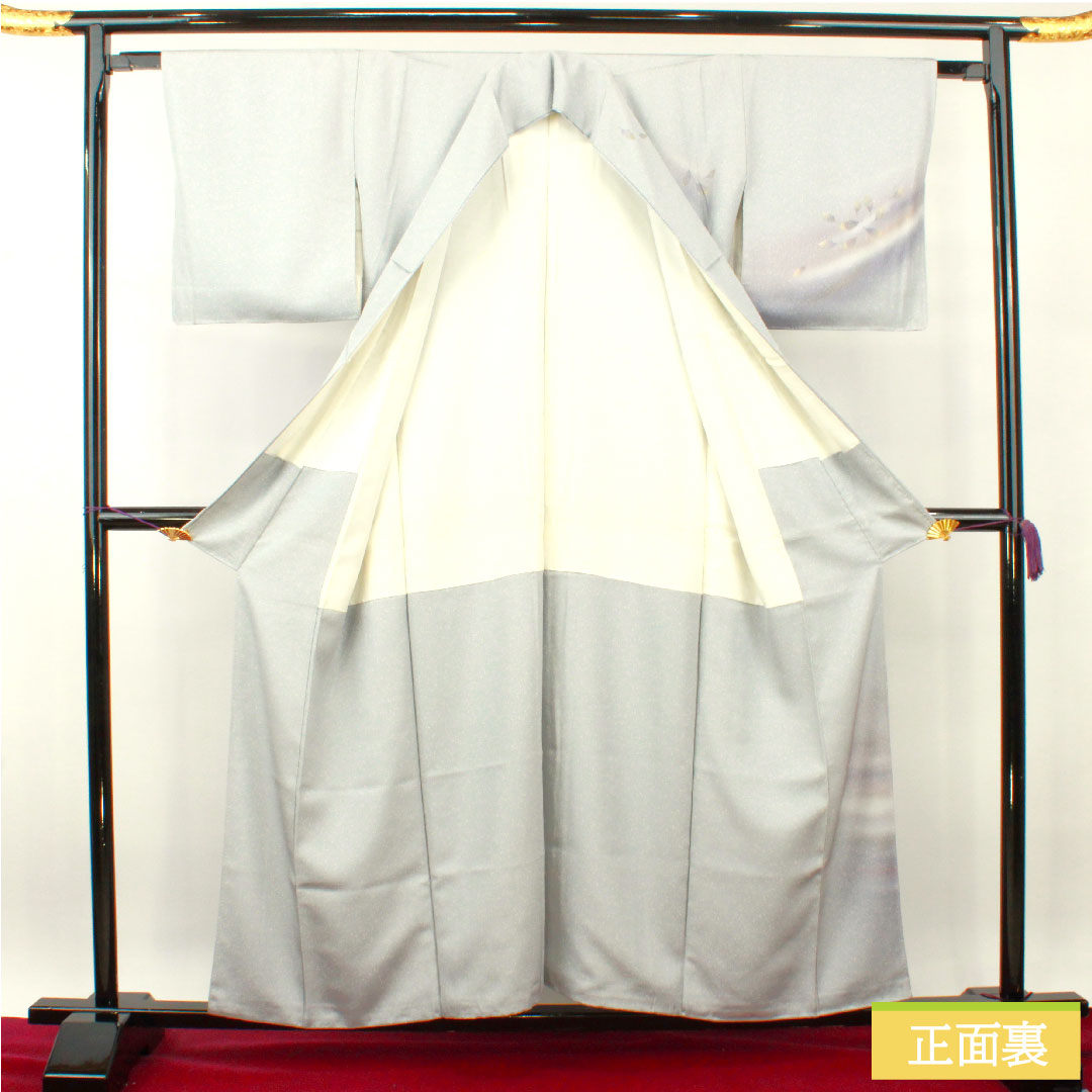 訪問着 正絹 袷 身丈156.5cm 裄丈63cm 白銅色 タタキ染 葉っぱ模様 しつけ糸付き 未使用品 Sランク グレー系 1112003612322