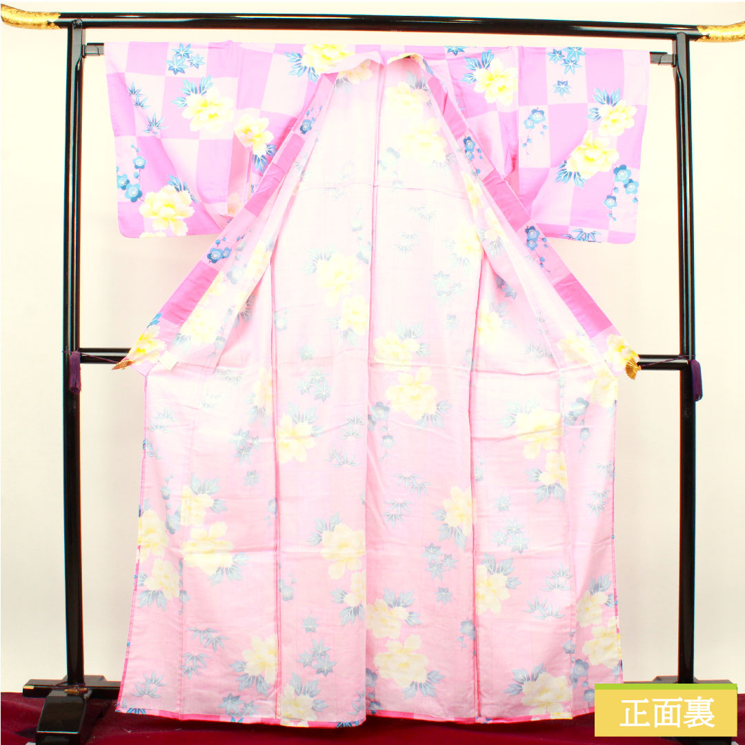 浴衣 木綿 身丈165.5cm 裄丈66cm Sランク 単衣 ピンク系 市松 牡丹 梅 紅葉 1118004652513