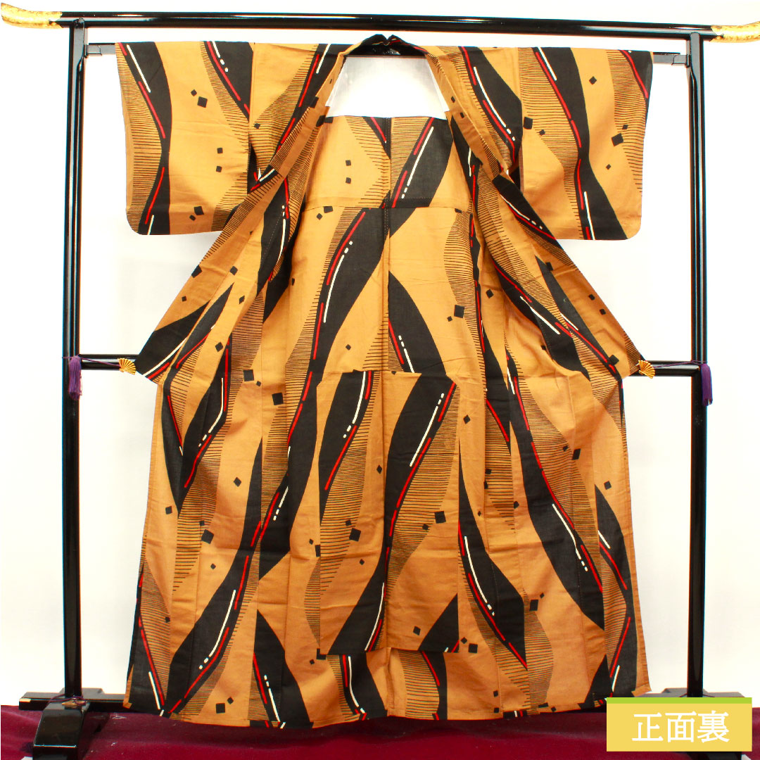 Yukata Cotton Length 163.5cm Sleeve length 62.5cm A rank Single layer Brown Fox color Geometric pattern 1118004843414