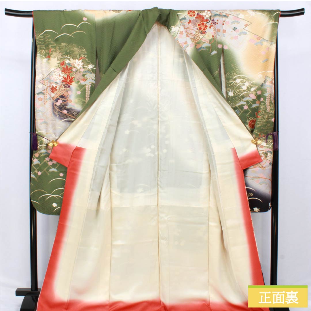 振袖 正絹 Aランク 身丈170.5cm 裄丈68.5cm 袷 山鳩色(やまばといろ) 京友禅 吉祥文様 梅 松 緑系 1113002173619