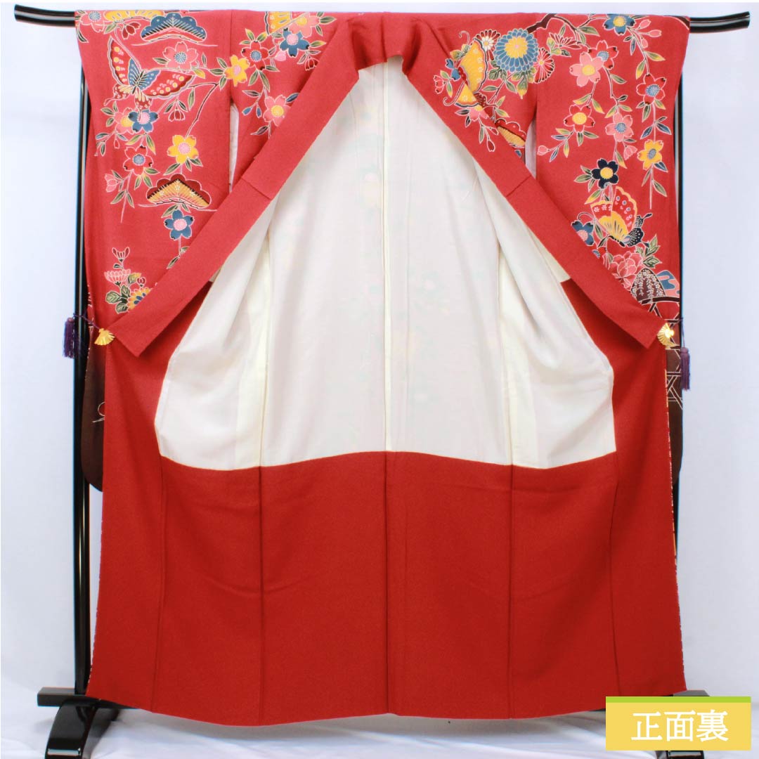 振袖 正絹 Sランク 身丈162cm 裄丈67.5cm 袷 柘榴色(ざくろいろ) 京紅型 吉祥文様 蝶 パールトーン加工 赤系 1113002392412