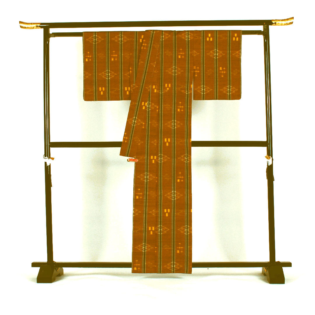 Tsumugi Length 162.5cm Sleeve length 62cm Ryukyu Kasuri Hand-woven Pure silk S rank Awase Brown 1116000912314
