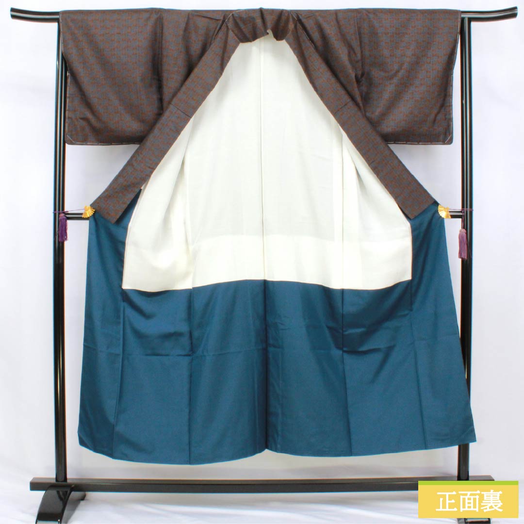 紬 正絹 Sランク 身丈148cm 裄丈63.5cm 憲法茶色(けんぽうちゃいろ) 市松 しつけ糸付き 袷 茶系 1116004802114