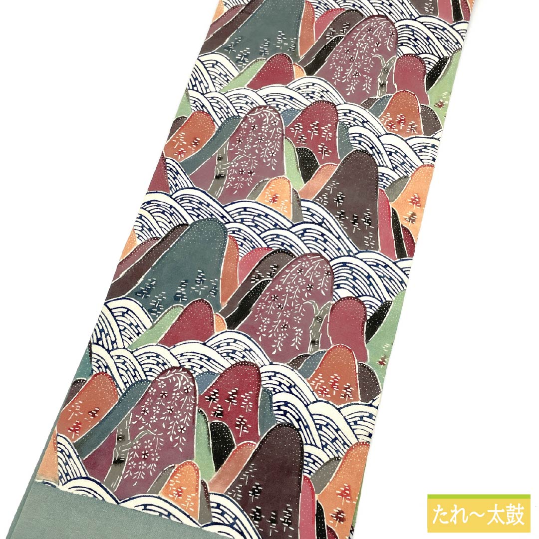 Nagoya Obi, Pure Silk, Grade A, Touseiiro (Beigata Blue), Stencil Dyed, Bingata Style, Toyama, Length 350cm, Six-Ply, Casual, Green, Product Number 1124010473319, Nagoya Style