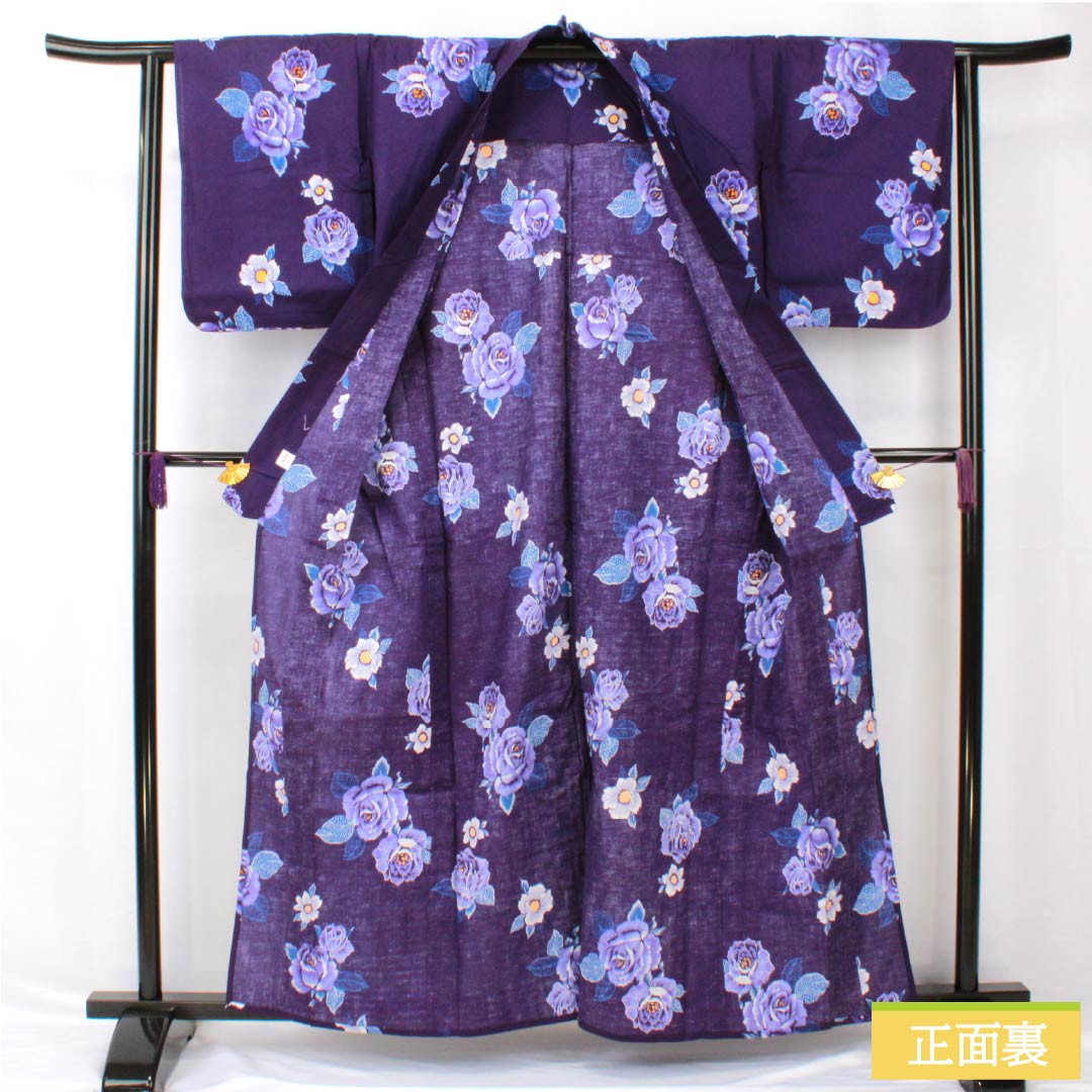 浴衣 木綿 身丈160.5cm 裄丈62cm Sランク 単衣 紫系 紫紺色(しこんいろ) 薔薇 1118005342420