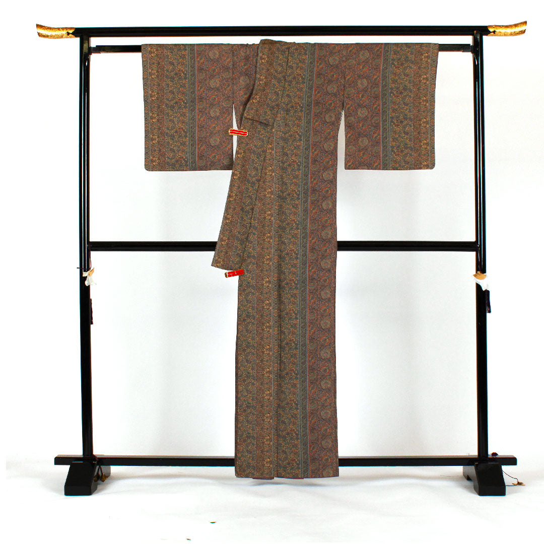小紋 身丈162cm 裄丈64cm 袷 更紗模様 洗える着物 ポリ Sランク 茶系 1115001002314