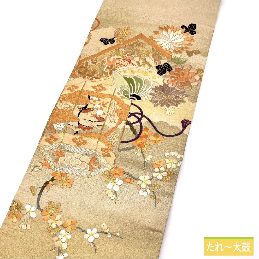 (Maru obi) Fukuro obi, pure silk, Torinoko color, Maru obi, antique, embroidery, obi length 410cm, A rank, point pattern, formal, beige, 1123013863325