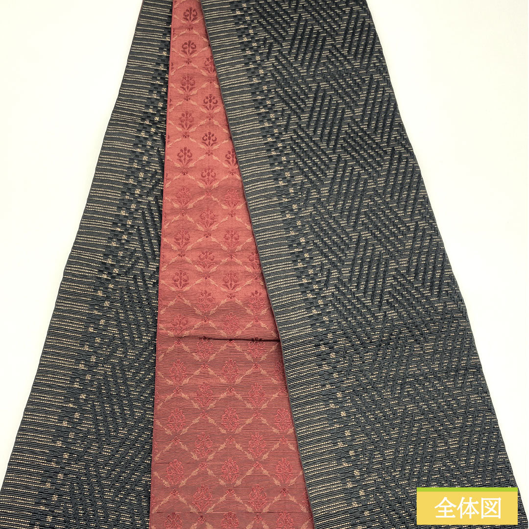 (New) Half-width obi, polyester, NEW rank, Koetsu-cha (dark reddish brown) and Akacha (reddish brown),菱型 (lozenge) and abstract floral pattern, reversible, obi length 400cm, brown tones, 1125002511414
