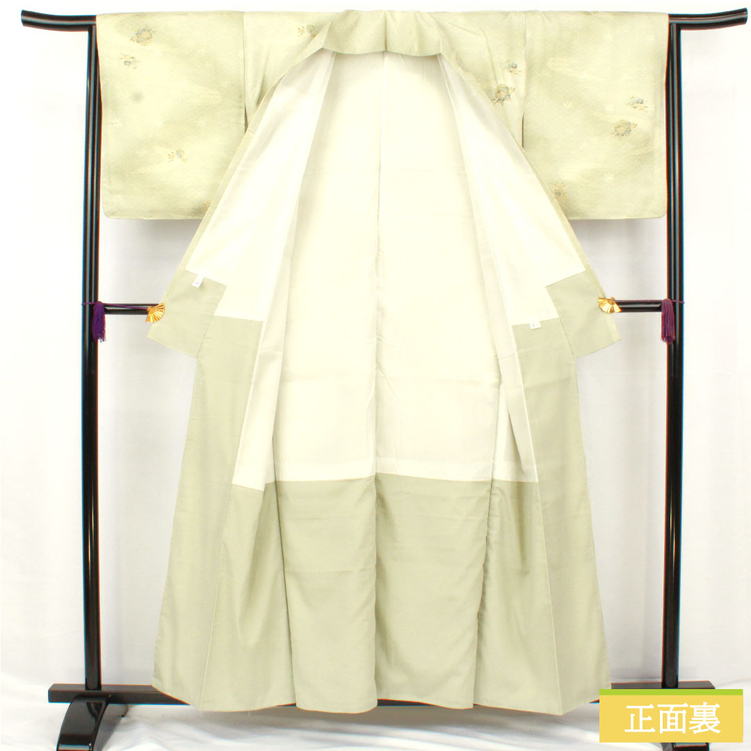 小紋 ポリエステル 身丈157.5cm 裄丈64.5cm 袷 薄緑色(うすみどりいろ) 洗える着物 吉祥文様 しつけ糸付き 未使用品 Sランク 緑系 1115004562319
