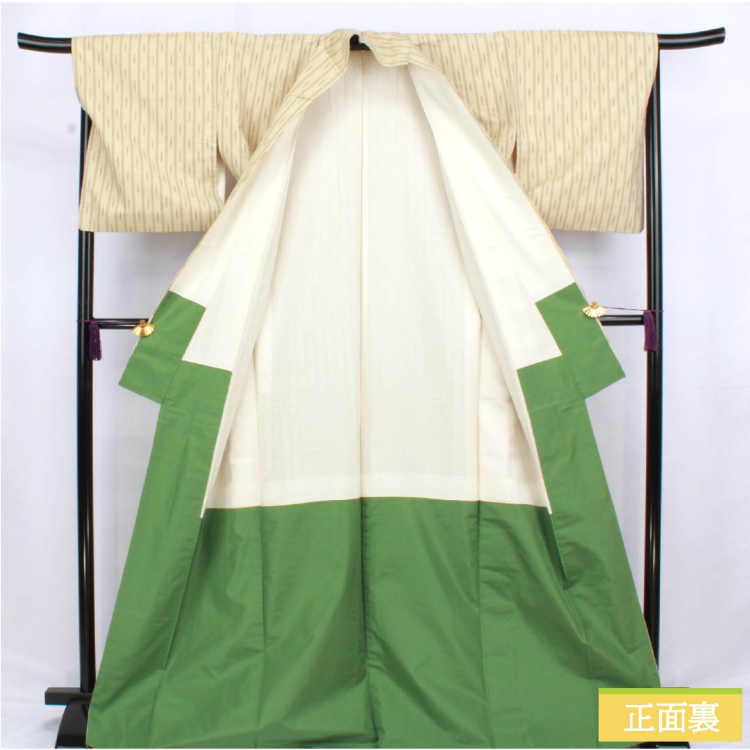 紬 正絹 Aランク 身丈171cm 裄丈68cm 鳥の子色(とりのこいろ) 真綿紬 縞 絣 袷 ベージュ系 1116004233625
