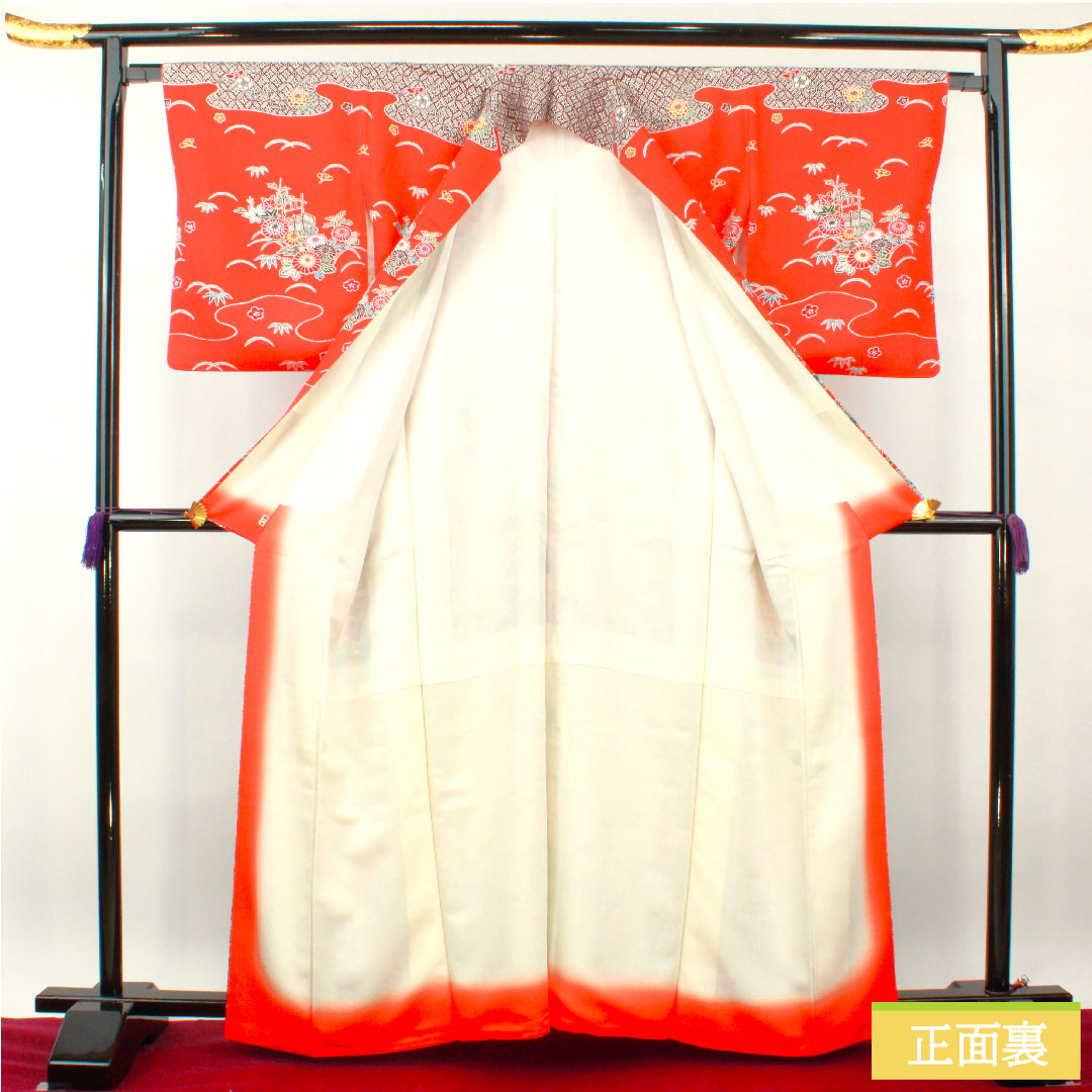 Homongi, pure silk, lined, length 163cm, sleeve length 64.5cm, scarlet, Kyoto Bingata, auspicious motif, S rank, vermilion, 1112004072416