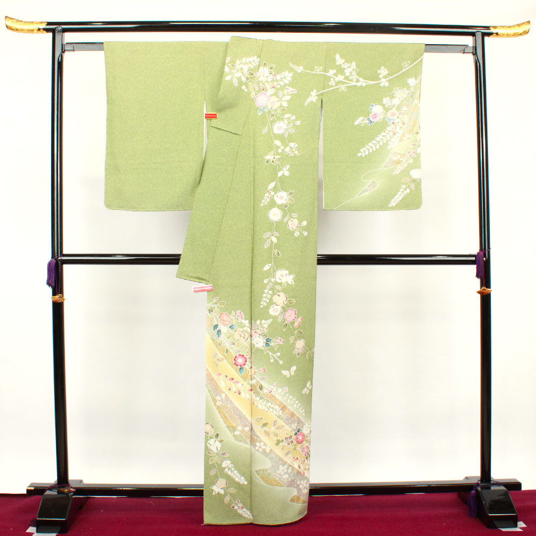 訪問着 正絹 袷 身丈163cm 裄丈65cm 根岸色(ねぎしいろ) 草花模様 しつけ糸付き Sランク 緑系 1112002222419