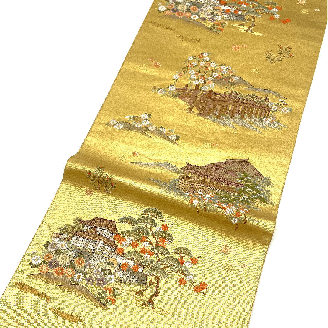 【未仕立】袋帯 正絹 Aランク 京洛絵文 本金箔 帯丈438cm 六通 フォーマル 金系 1123004413321