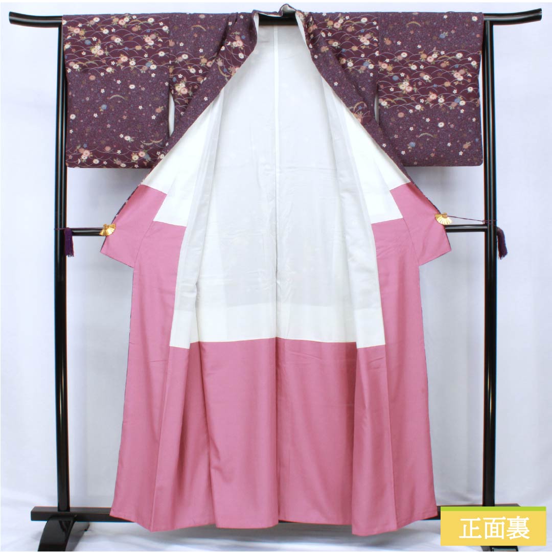 Komon (small pattern) polyester kimono, A rank, length 158cm, sleeve length 64.5cm, lined, deep purple (Fukaki Murasaki Iro) with small flowers and dew grass, washable, purple 1115006973320