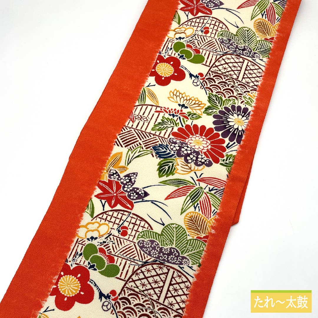 Nagoya obi, Kyohiiro (scarlet color), Kyoto Bingata, crepe fabric, chrysanthemum, obi length 353cm, pure silk, S rank, full length, casual, orange, 1124007632326, Nagoya style