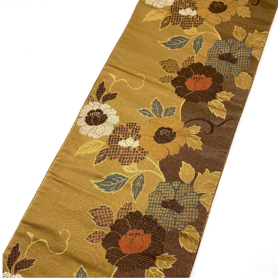 名古屋帯 京袋帯 煙草色 草花模様 帯丈362cm ポリ Sランク 六通 セミフォーマル 茶系 1124003292314 開き仕立て