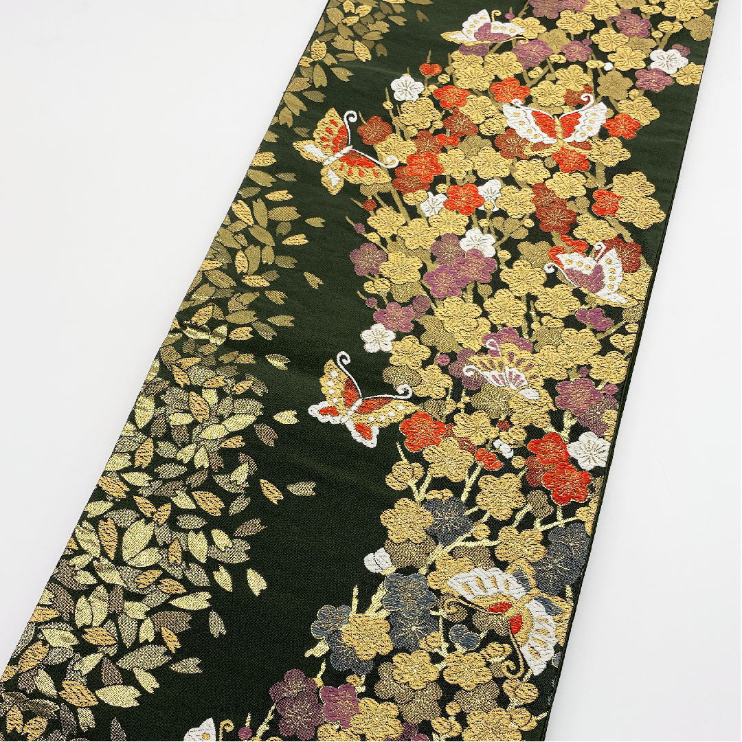 袋帯 革色(かわいろ) 振袖用 蝶 桜 帯丈438cm 正絹 Aランク 六通 フォーマル 緑系 1123005003319