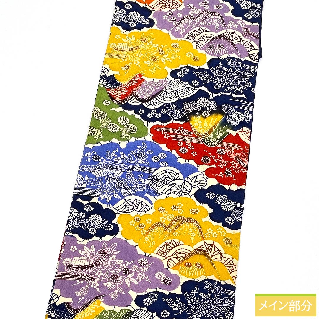 Nagoya obi, iron grape color, Kyoto Bingata, classic pattern, flower, plant motif, obi length 375cm, pure silk, S rank, six-pass, casual, blue, 1124005312317, Nagoya style