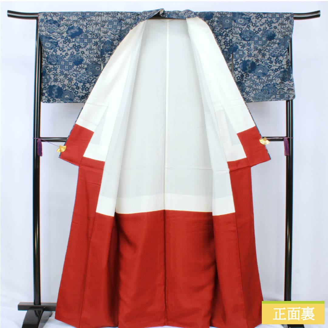 Komon (small pattern) silk, S rank, length 166cm, sleeve length 67cm, lined, Kyoto Bingata (red dye) pattern, indigo dye, tsumugi fabric, floral pattern, gray, product number 1115007212522