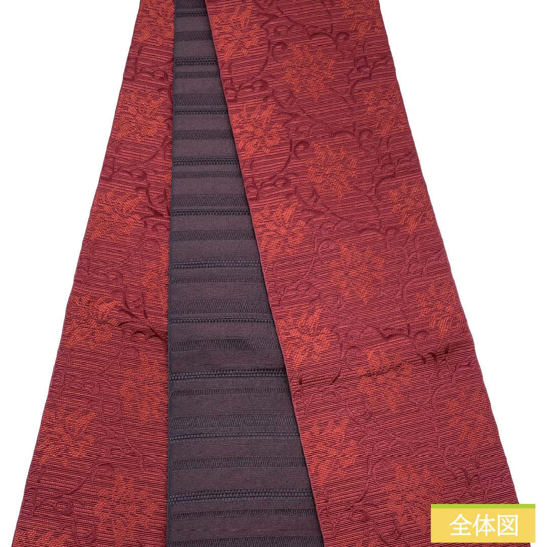 (新品)半幅帯 ポリエステル NEWランク 深蘇芳色(深蘇芳色(ふかきすおういろ) 黒色 唐花模様 横段 リバーシブル 帯丈400cm 赤系 1125002661412