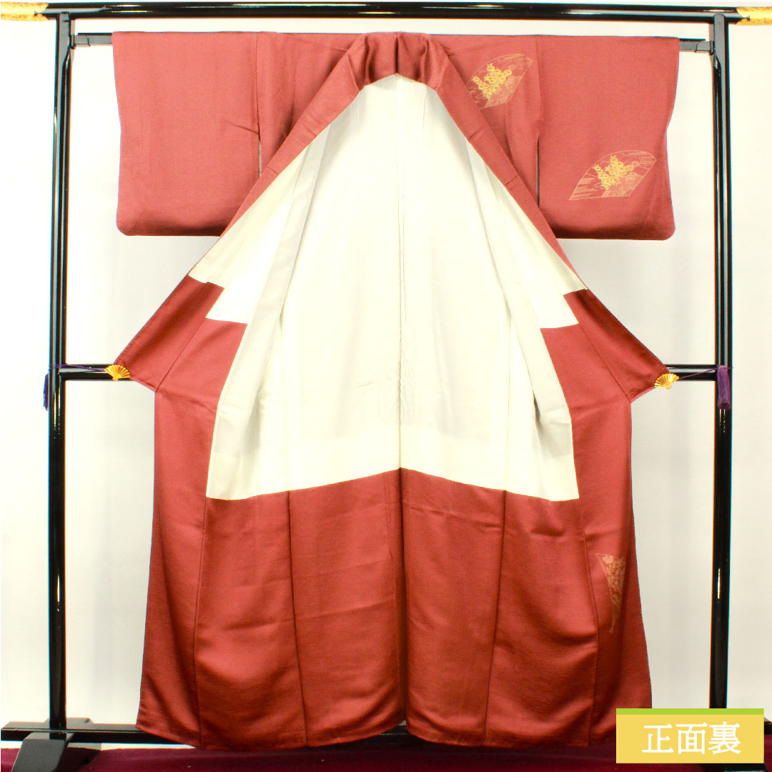 Homongi, pure silk, lined, length 161cm, sleeve length 63cm, azuki color, Kyo-Yuzen, flower cart, auspicious motif, S rank, red, 1112004302412