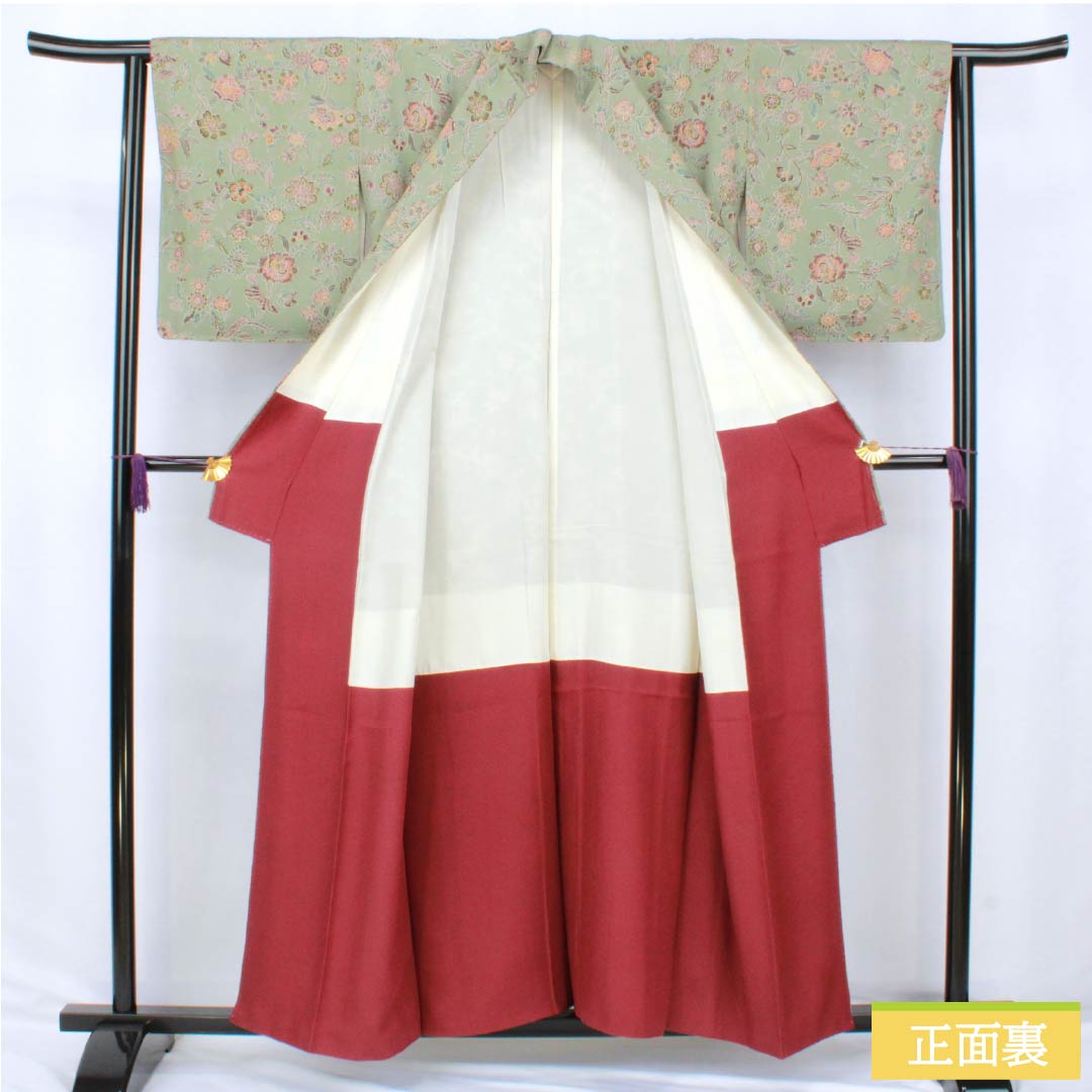 Komon (small pattern) silk, S rank, length 156.5cm, sleeve length 63cm, lined, Rikyu gray (Rikyu mouse color), chintz, green, 1115007162319