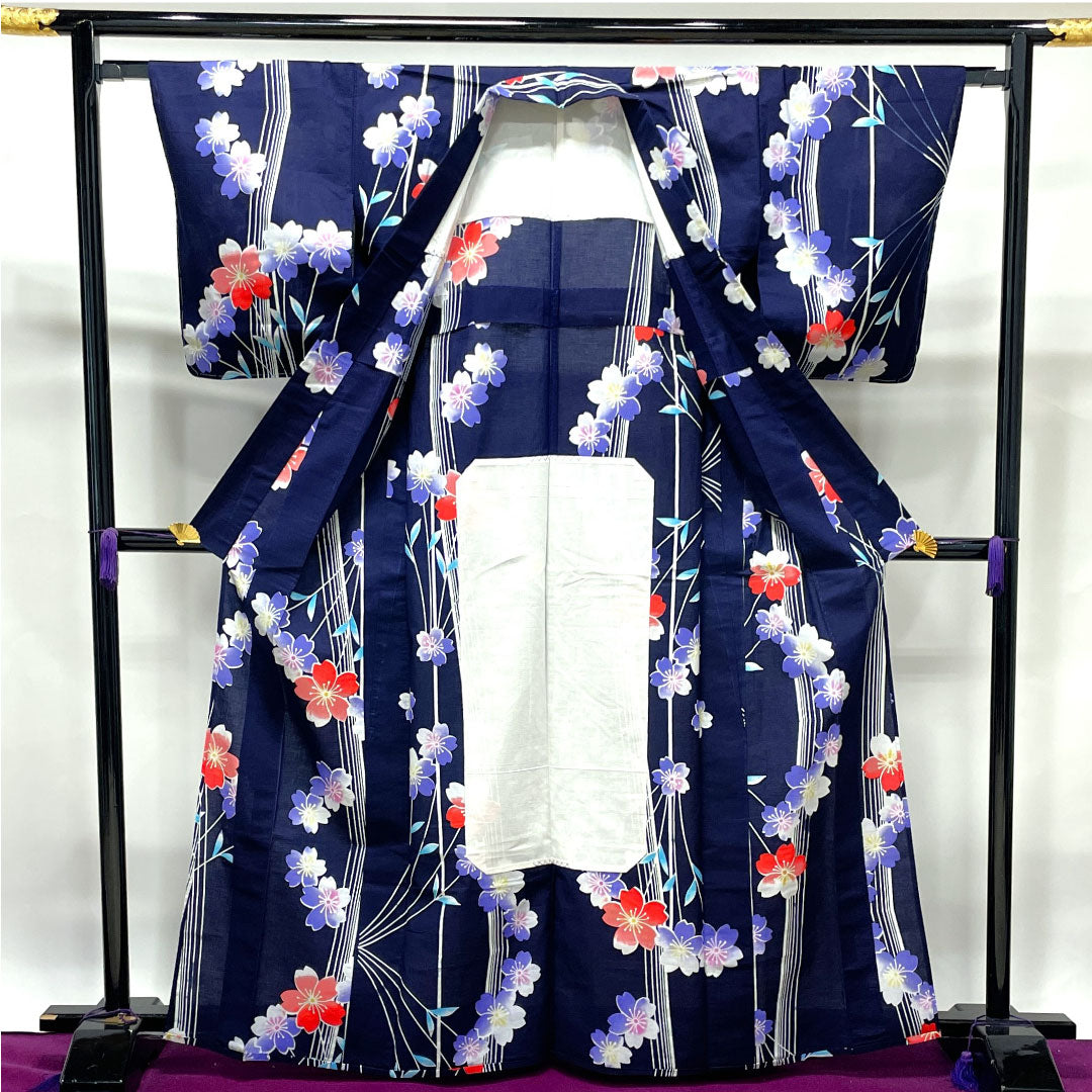 Yukata with basting thread, unused, dark blue, cherry blossom, cotton, S rank, single layer, length 165.5cm, sleeve length 64.5cm, navy blue, 1118002342518