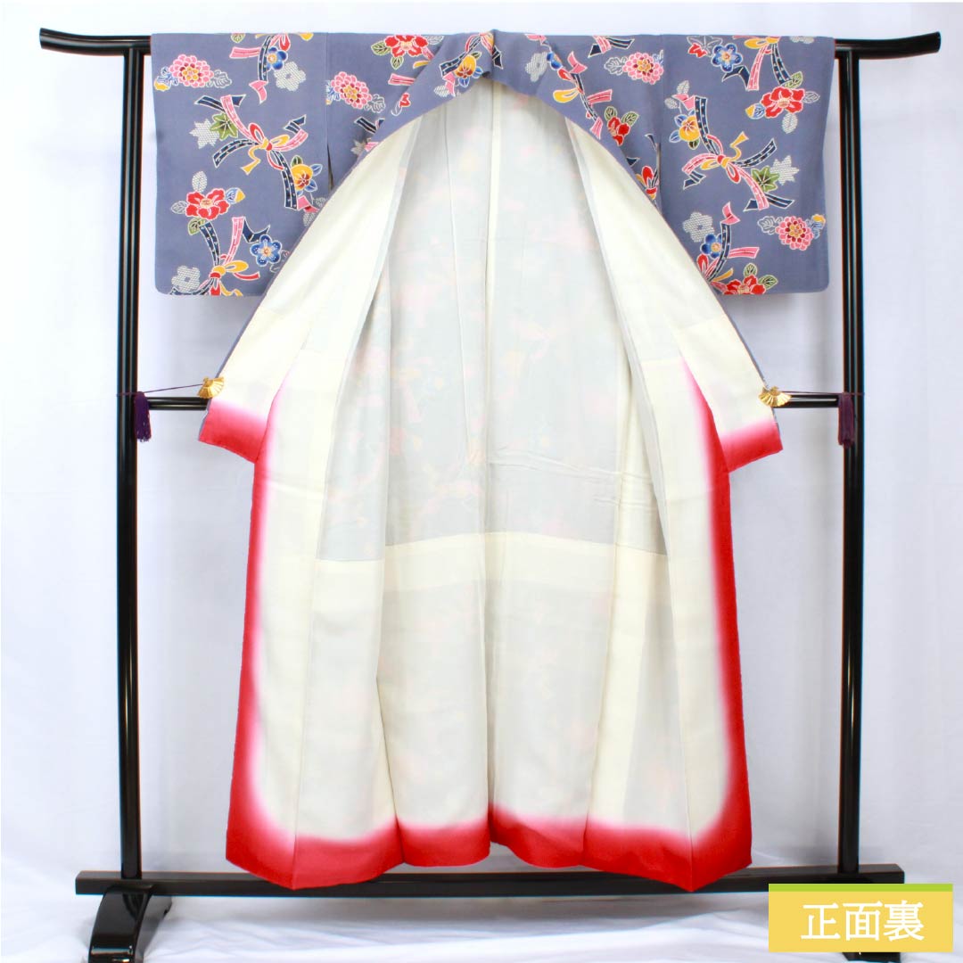小紋 正絹 身丈152.5cm 裄丈62cm 袷 江戸納戸色(えどなんどいろ) 型染 紅型調 熨斗 椿 Bランク 青系 1115005604217