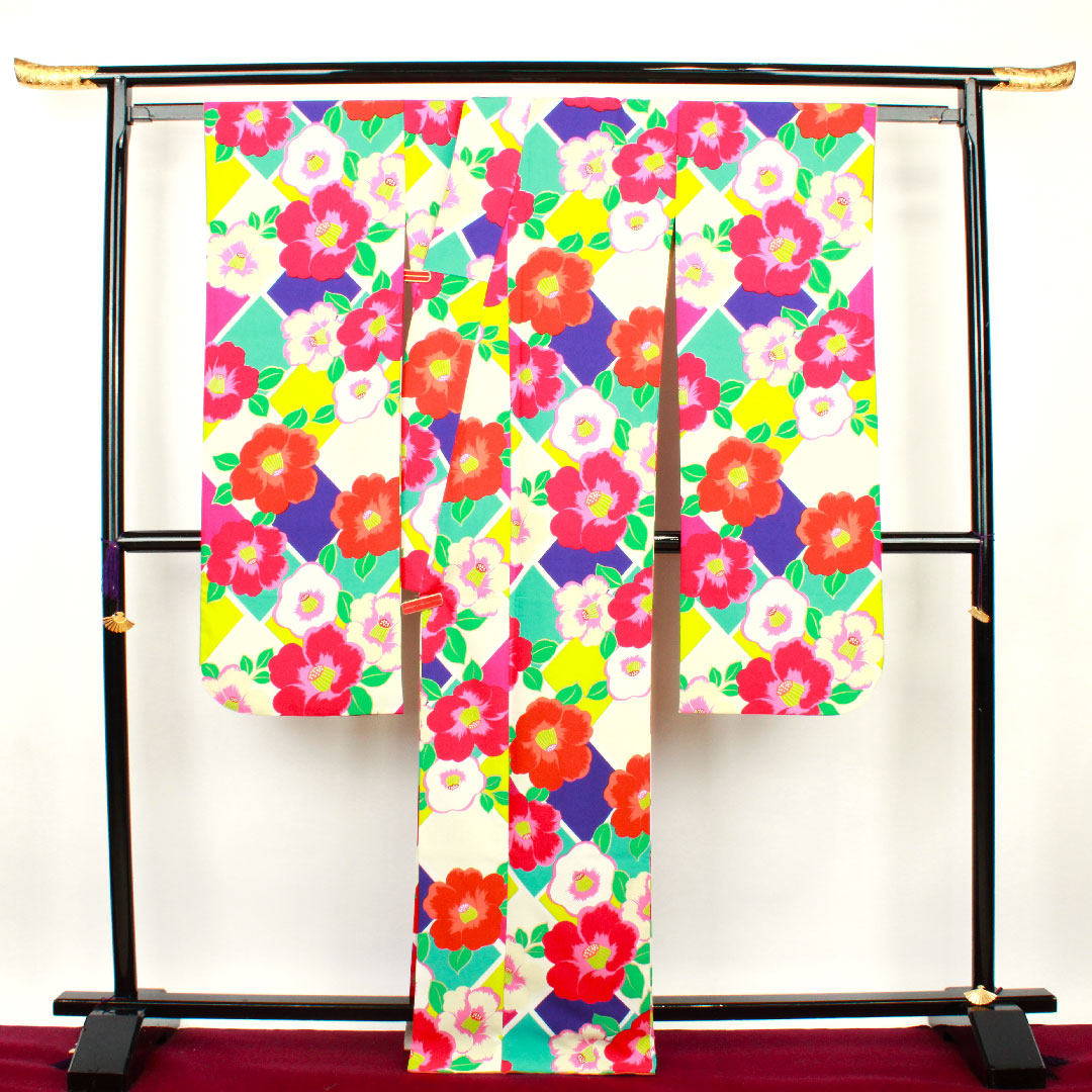 Long-sleeved kimono, length 169cm, sleeve length 68cm, lined, washable, camellia, poly, S rank, gradation, 1113001132599