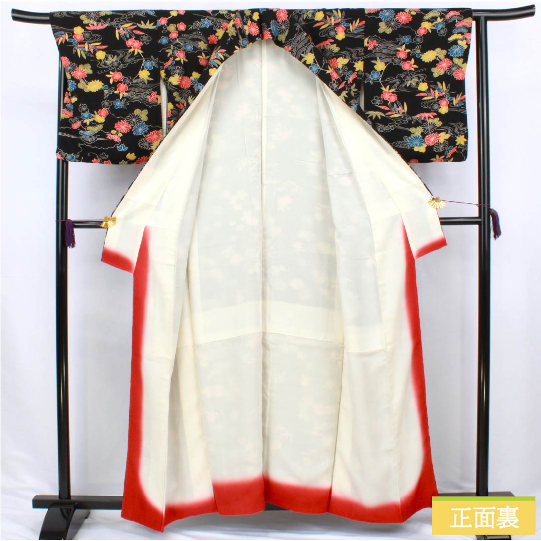 Komon (small pattern) silk, S rank, length 158.5cm, sleeve length 65.5cm, lined, stencil-dyed, pine, bamboo, plum, chrysanthemum, black, 1115006872310