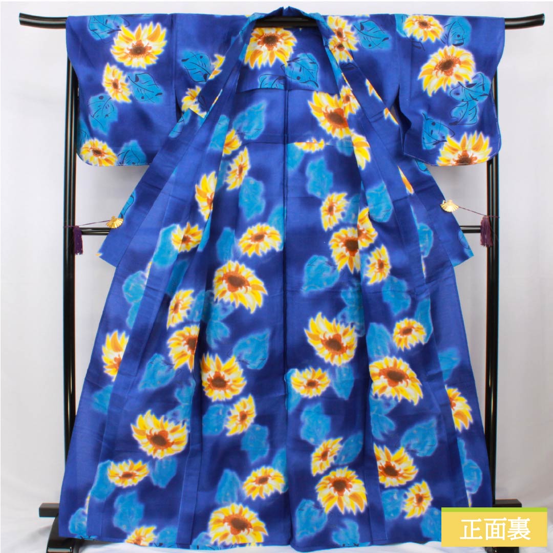 Cotton Yukata, Length 169cm, Sleeve Length 69cm, S Rank, Single Layer, Blue, Kikyo-iro (Kikyou-iro) with Sunflower Design, 1118006492517
