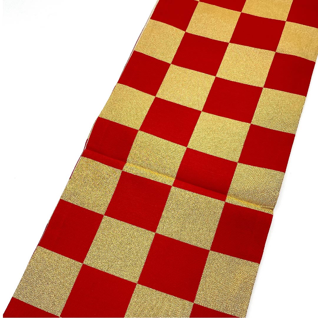 Gold-colored Fukuro Obi for Furisode, Checkered, Length 436cm, Pure Silk, S-Rank, Six-way, Formal, Gold-based, 1123006242321