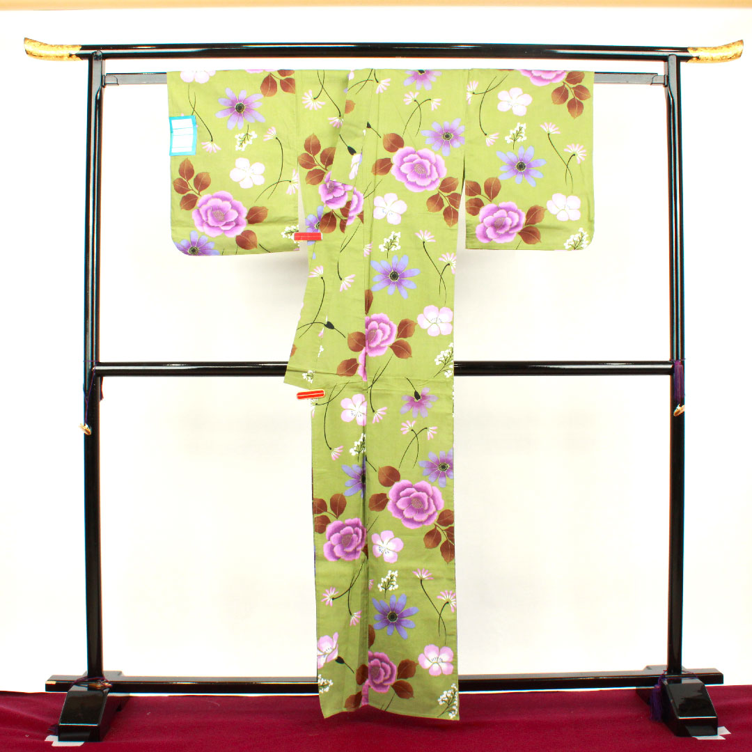 Yukata, green, floral pattern, cotton, S rank, single layer, length 162cm, sleeve length 62cm, green 1118001142419
