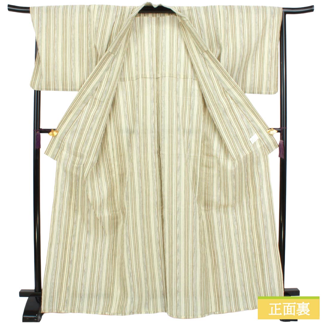 夏物 綿麻 紬 Sランク 身丈168.5cm 裄丈67.5cm 乳白色(にゅうはくしょく) 縞 縮 紗 クリーム系 1132004802515