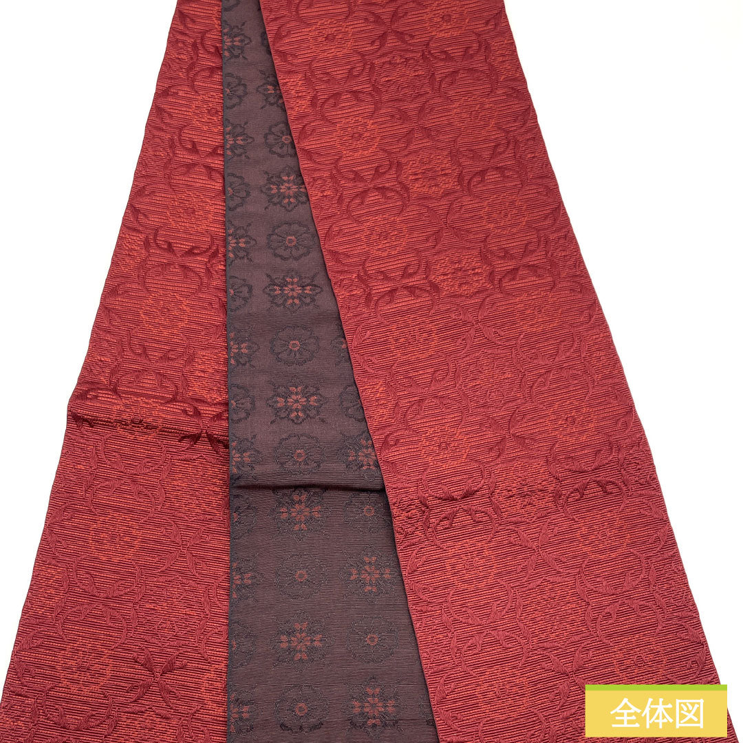 (新品)半幅帯 ポリエステル NEWランク 赤色 黒色 抽象花模様 リバーシブル 帯丈400cm 赤系 1125002431412