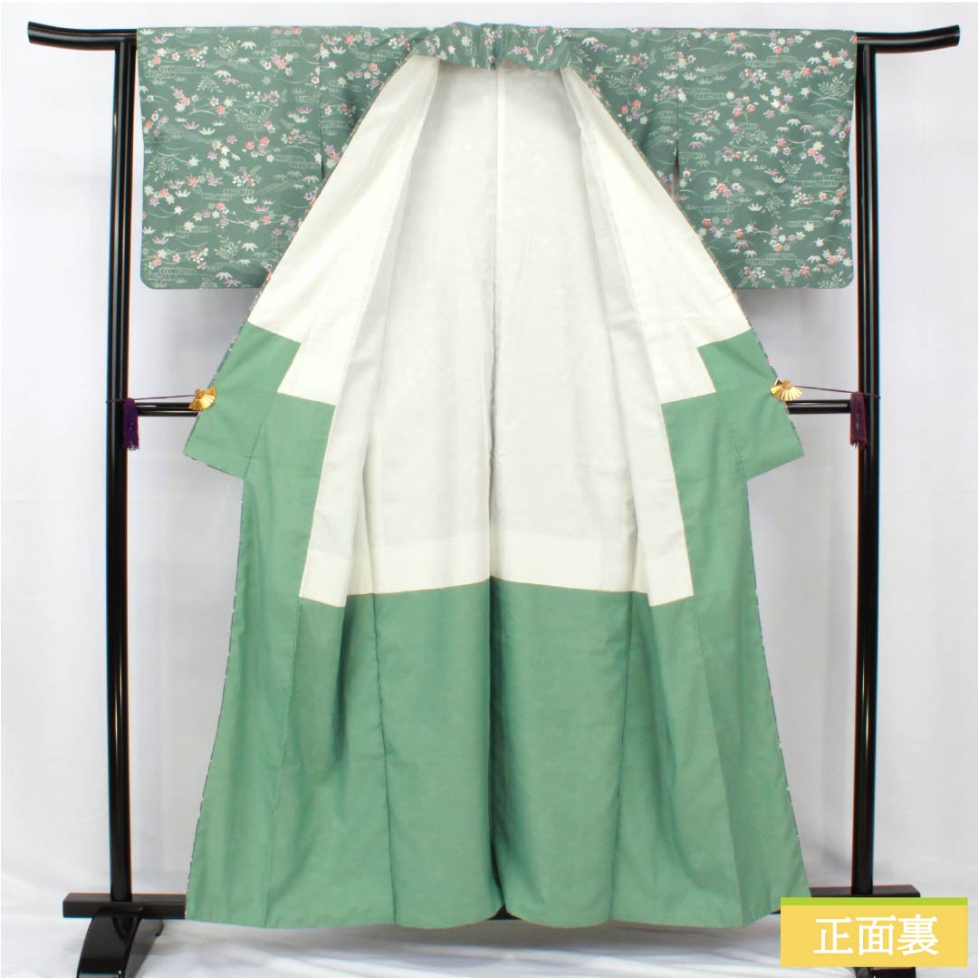 小紋 ポリエステル 身丈158.5cm 裄丈63cm 袷 山藍摺色(やまあいずりいろ) 洗える着物 草木模様 Aランク 緑系 1115005143319
