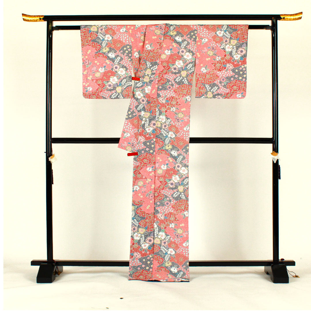 小紋 身丈170cm 裄丈66cm 袷 辻ヶ花 洗える着物 ポリ Sランク ピンク系 1115000752513